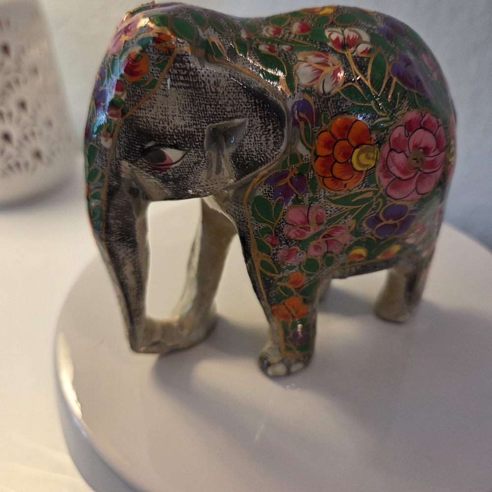 Floral Elephant Figurine - Paper Mache Multicolor
